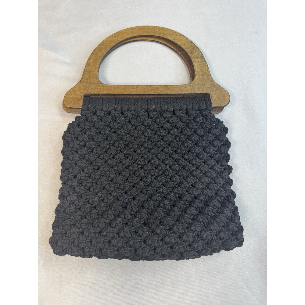 Vintage Black Macrame Boho Handbag Purse Wooden Handles Handmade